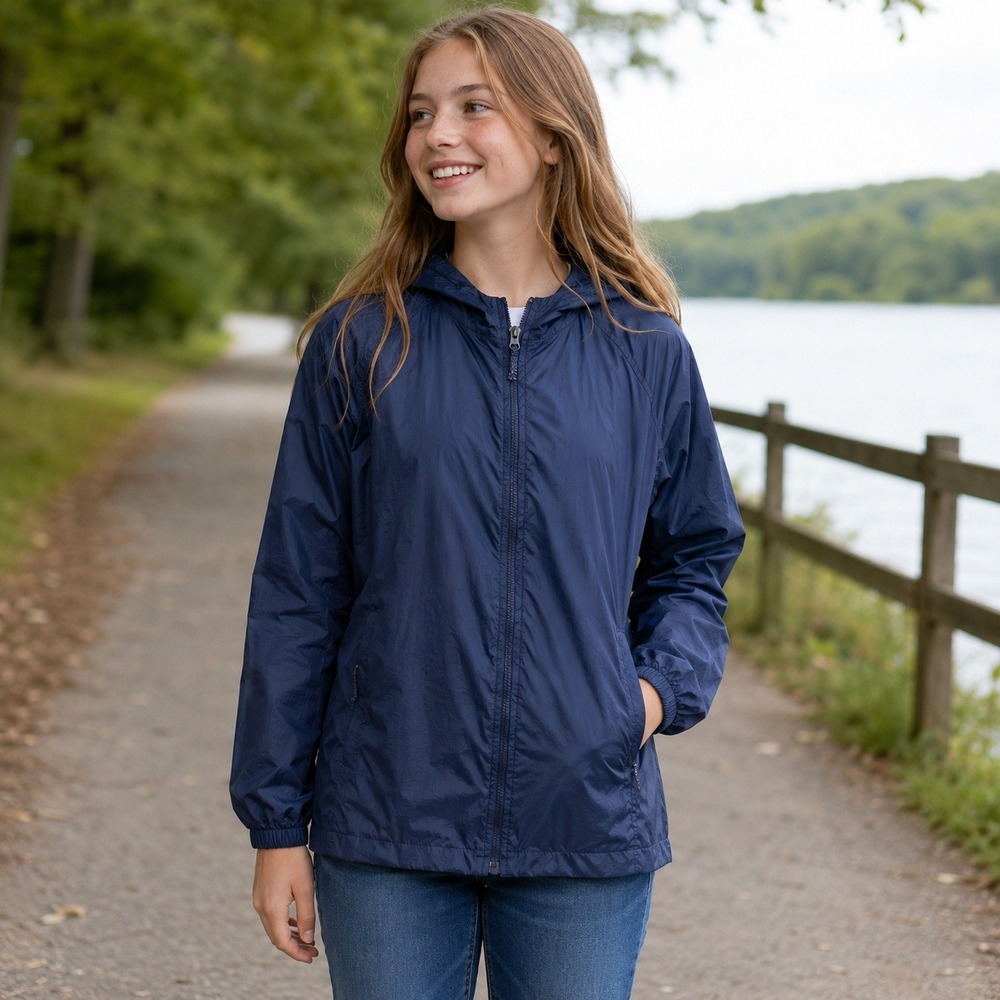 Lands End Girls XL 18-20 Packable Rain Jacket Navy Hooded Windbreaker